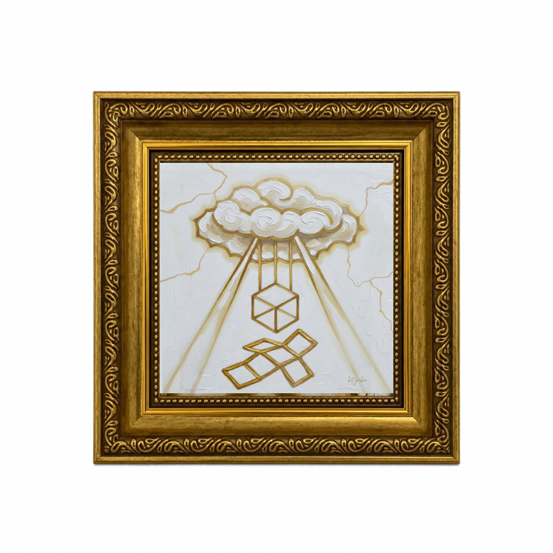 Gold geometric cross and unfolding shapes beneath a cloud in an ornate gold frame