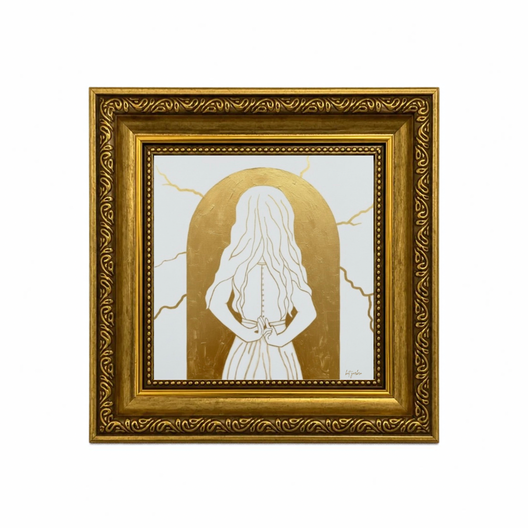 Cover artwork of a woman in a white dress before a gold arch, in an ornate gold frame