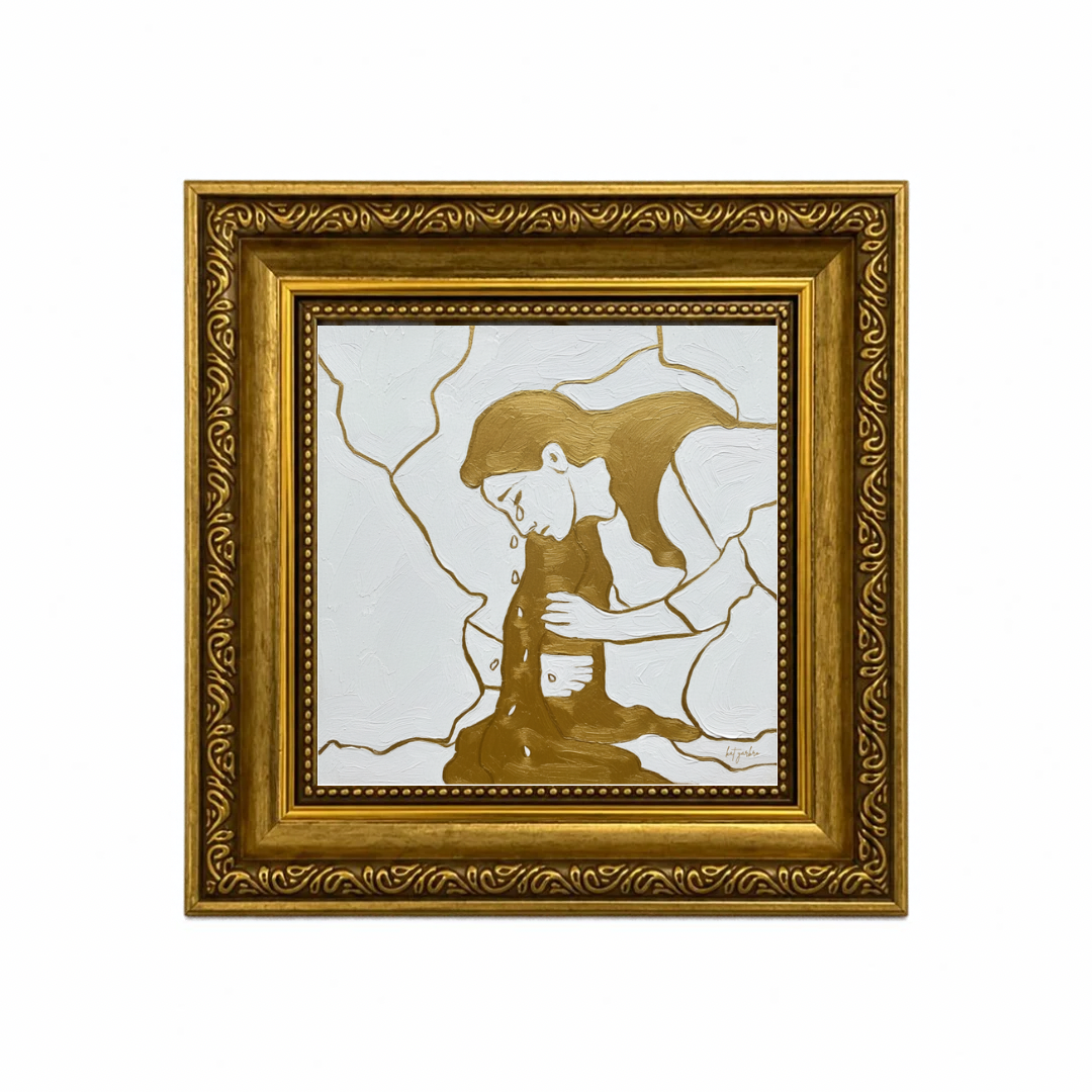 Artwork of a woman embracing a figure, in an ornate gold frame