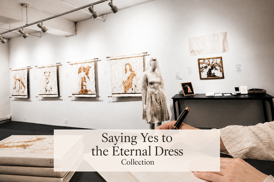 Gallery exhibition of Kathryn Yarbrough’s linen-scroll paintings, with the title Saying Yes to the Eternal Dress Collection.