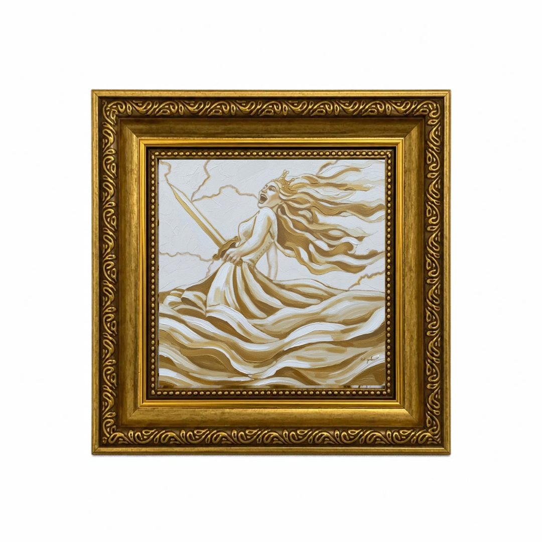 Woman in a flowing dress holding a sword, depicted in gold and white in an ornate gold frame