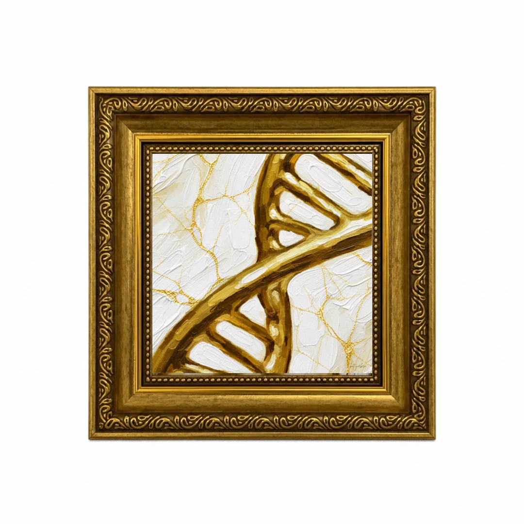 Gold DNA double helix artwork in an ornate gold frame