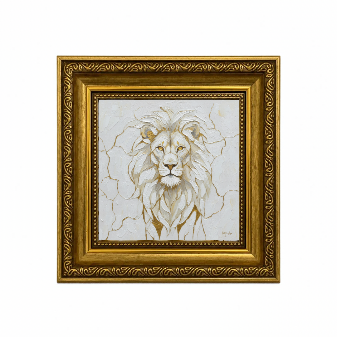 White lion portrait with gold detailing in an ornate gold frame