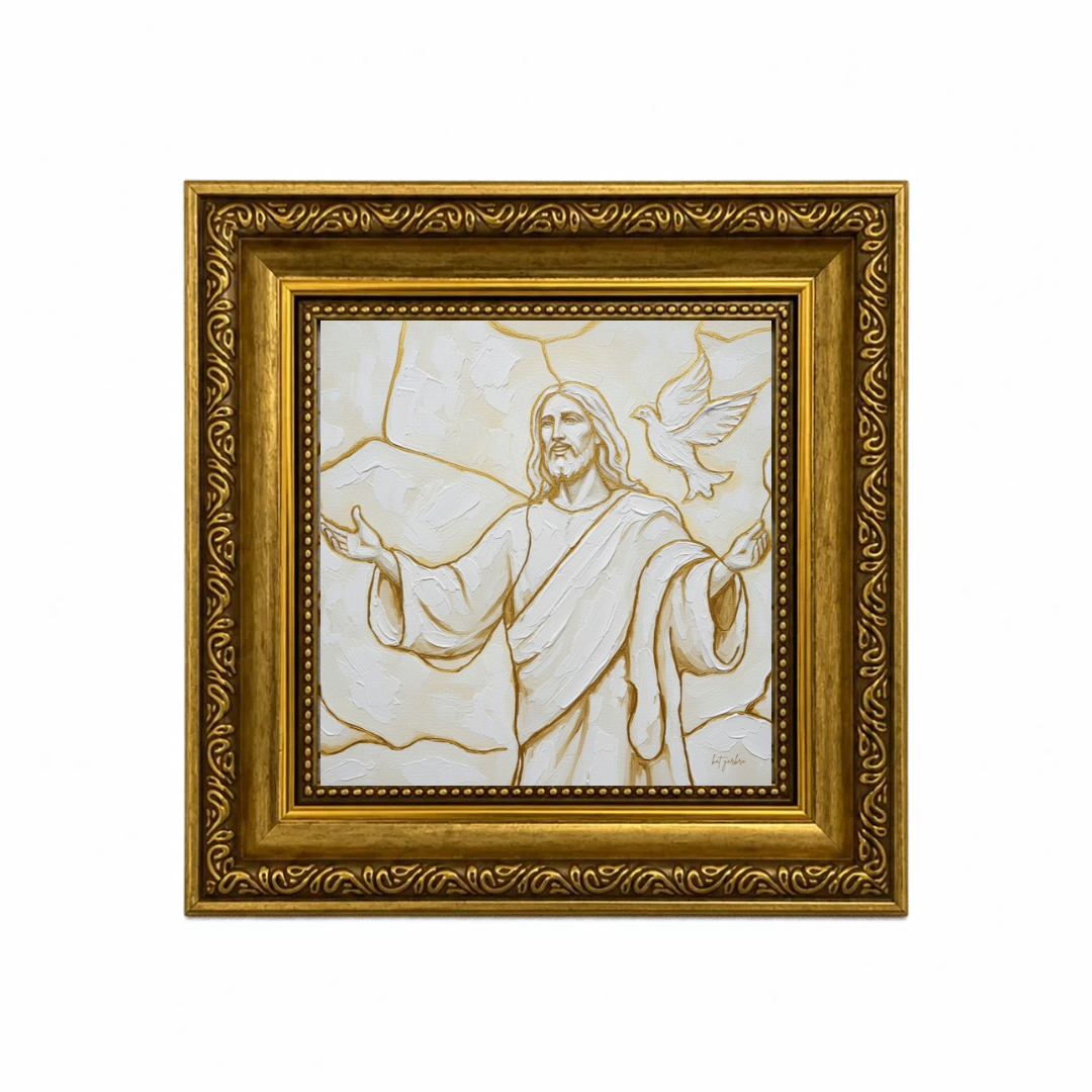 The Anointed One artwork showing a robed figure with outstretched arms and a dove in an ornate gold frame
