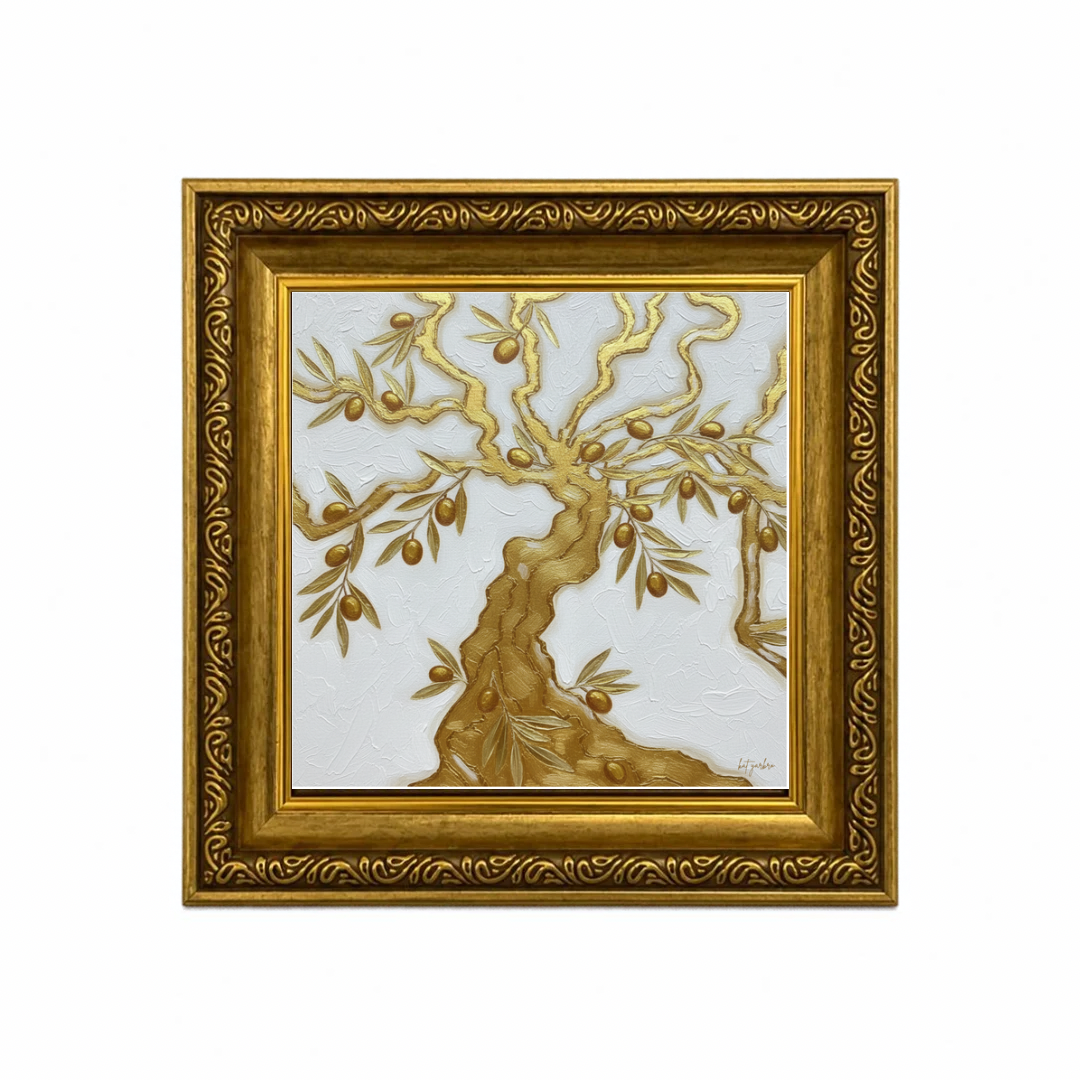 The Family Tree olive tree artwork in an ornate gold frame