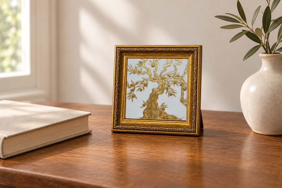 Lifestyle mockup of The Family Tree gold-framed print displayed on a wooden desk beside a book and vase